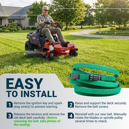 BlueStars 106-2173 replacement deck belt for Toro TimeCutter zero-turn mowers with installation instructions.