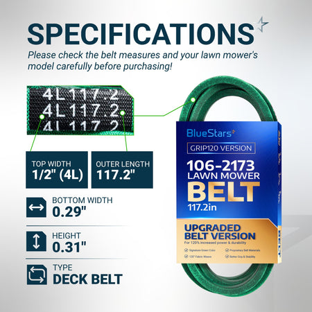 Specification chart for 106-2173 lawn mower deck belt showing 1/2 inch width and 117.2 inch outer length.