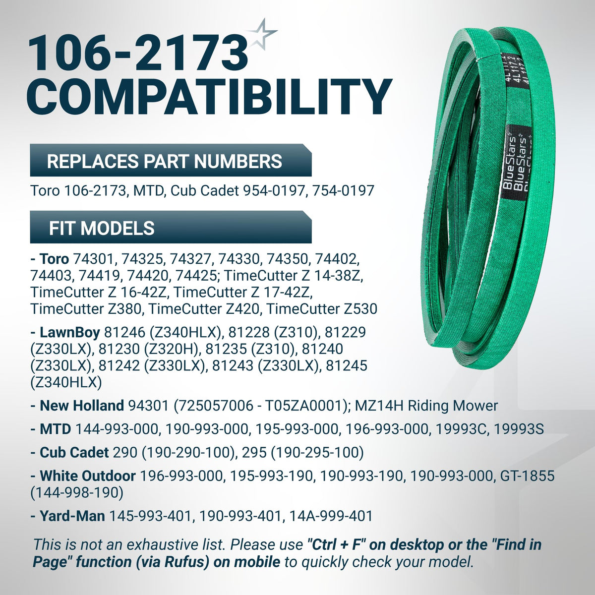 Green replacement mower deck belt for Toro 106-2173, MTD, and Cub Cadet models with compatibility chart.