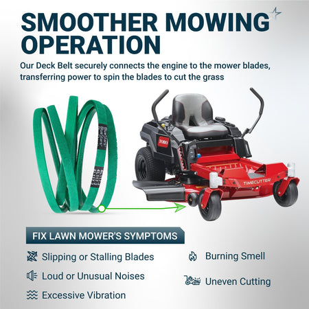 Green deck belt for Toro TimeCutter lawn mower showing installation point and common repair symptoms.