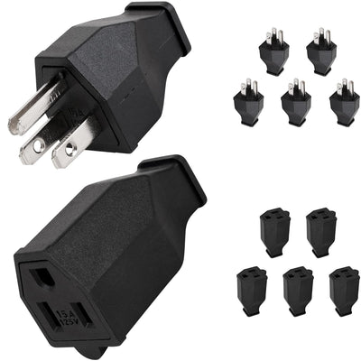 Set of 10 black 125V 15A extension cord male plugs and female connectors.
