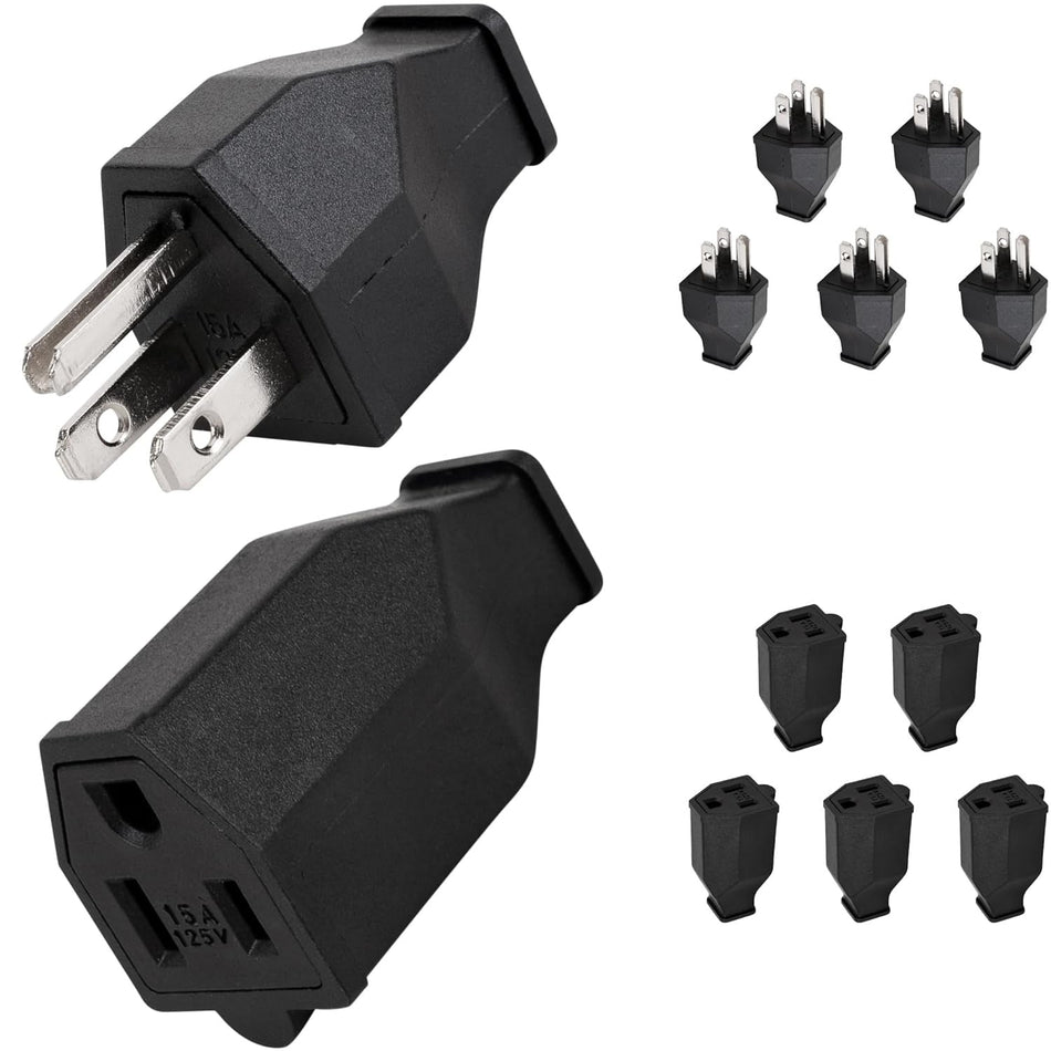 Set of 5 (10 Pieces) Extension Cord Plugs 125V 15A 2 Pole 3 Wire with Male Plug and Female Connector