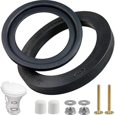 385311652 & 385311658 RV Toilet Seal Kit showing two black seals, hardware, spacers, and a white toilet base