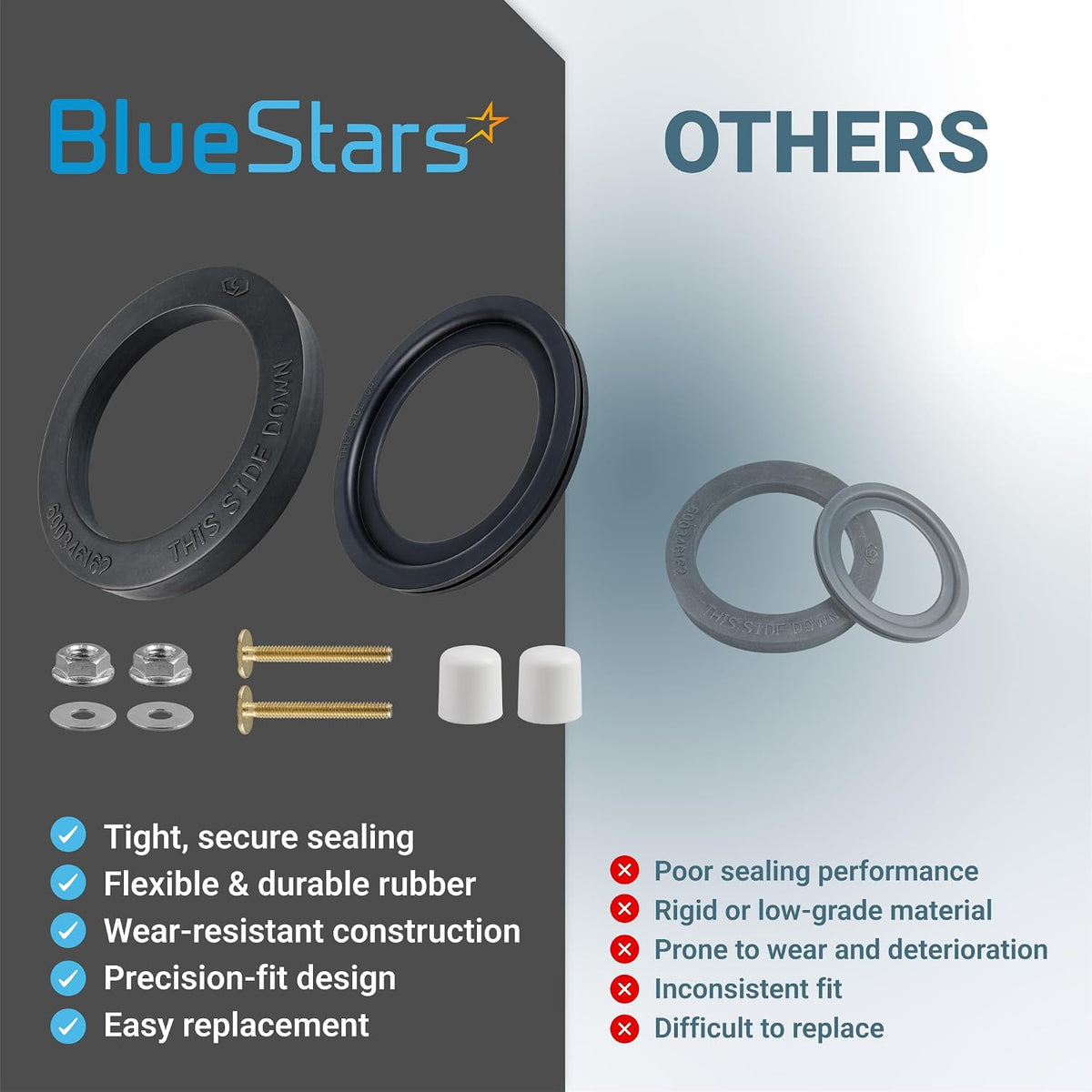 385311652 & 385311658 RV Toilet Seal Kit comparison showing seals, hardware, and caps versus other seals