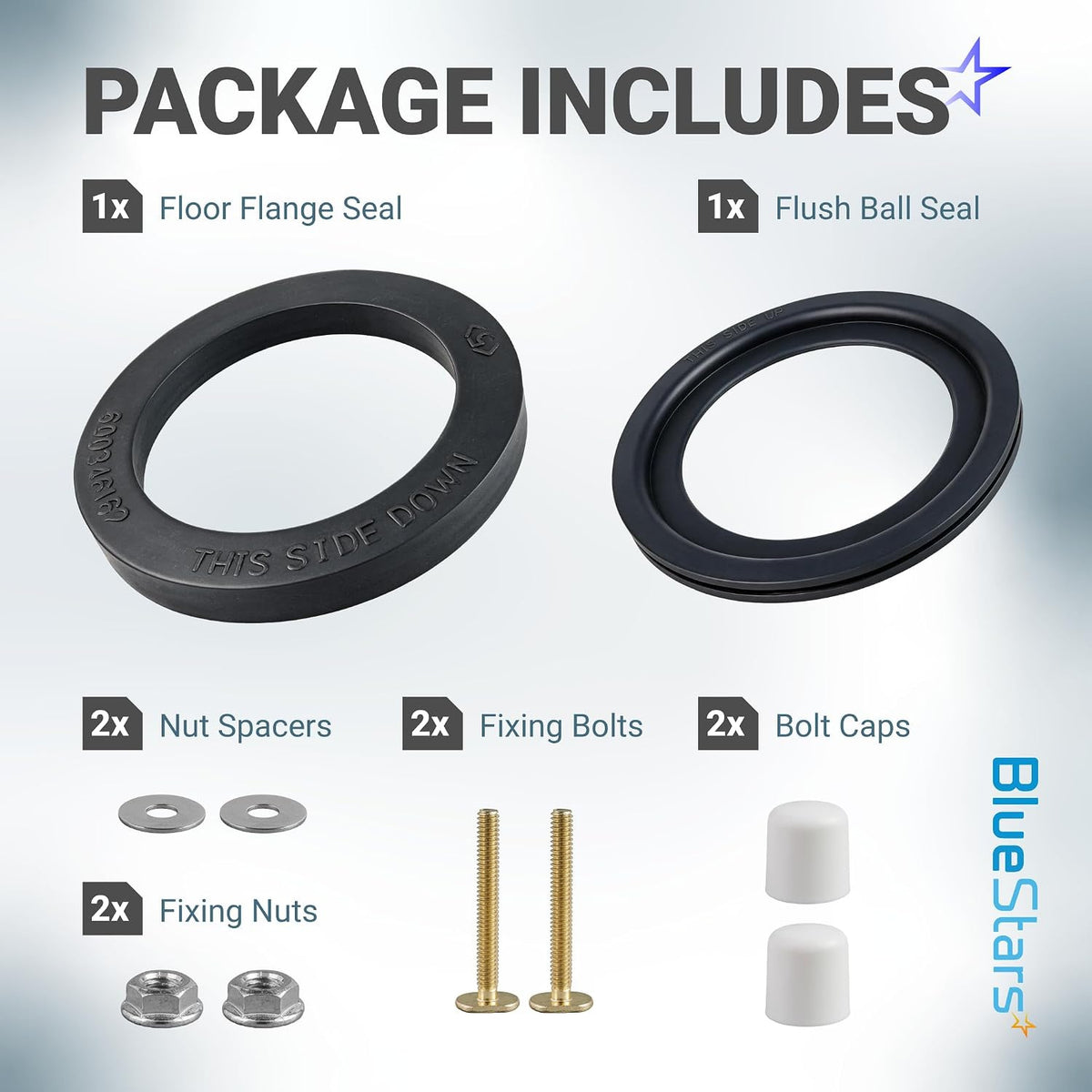 385311652 & 385311658 RV Toilet Seal Kit, package includes floor flange seal, flush ball seal, bolts, nuts, spacers and caps