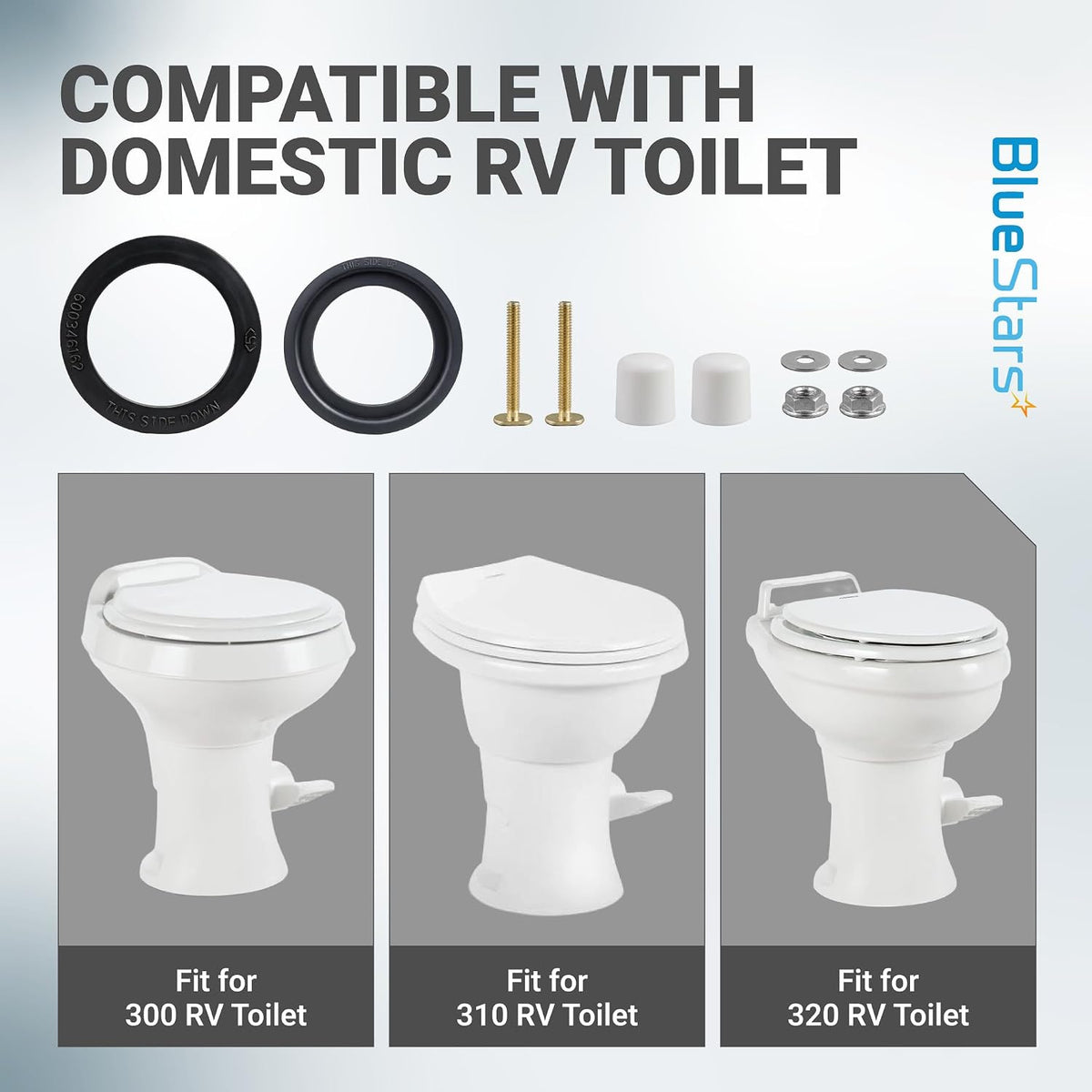 385311652 & 385311658 RV Toilet Seal Kit showing seals, hardware, and compatibility with Dometic 300, 310, and 320 RV toilets