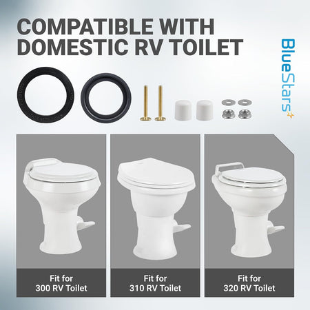 385311652 & 385311658 RV Toilet Seal Kit showing seals, hardware, and compatibility with Dometic 300, 310, and 320 RV toilets