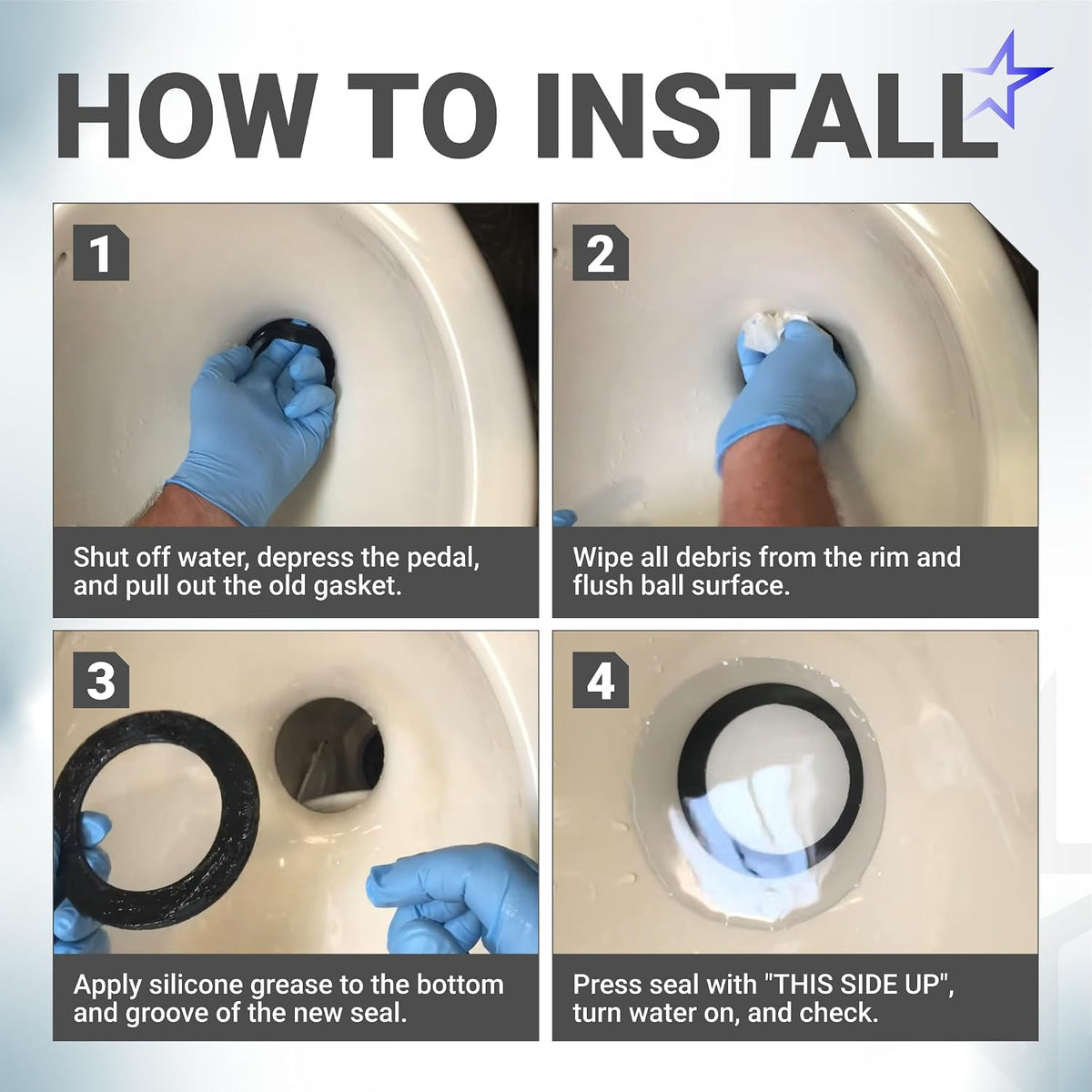 385311652 & 385311658 RV Toilet Seal Kit, four-step installation guide for cleaning, greasing, and fitting the seal