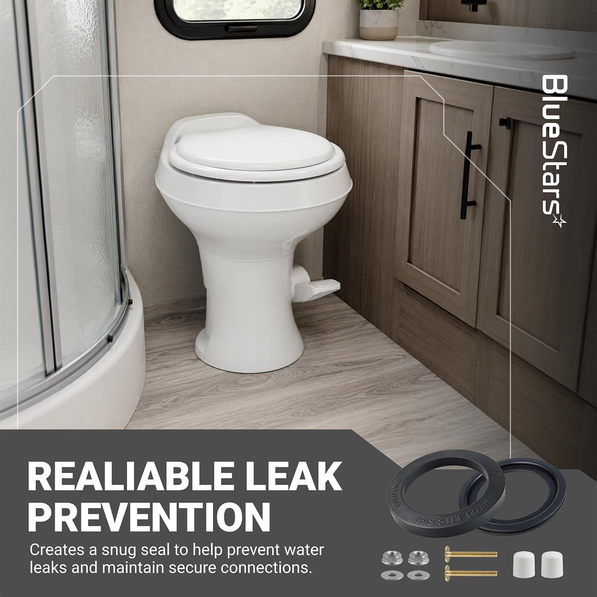 385311652 & 385311658 RV Toilet Seal Kit, shown with an RV toilet and included seals, washers, bolts and caps