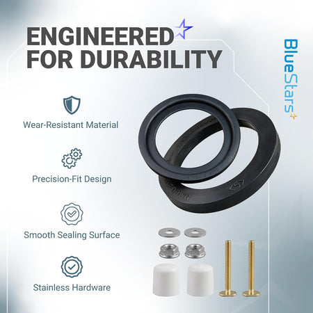 385311652 & 385311658 RV Toilet Seal Kit, toilet seals and hardware displayed with durability feature callouts