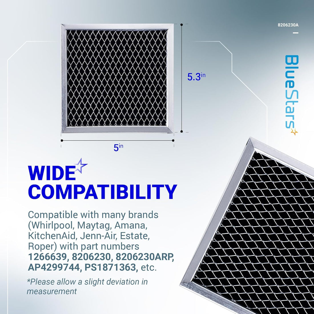 8206230A microwave charcoal filter showing 5.3" x 5" dimensions and compatibility information.