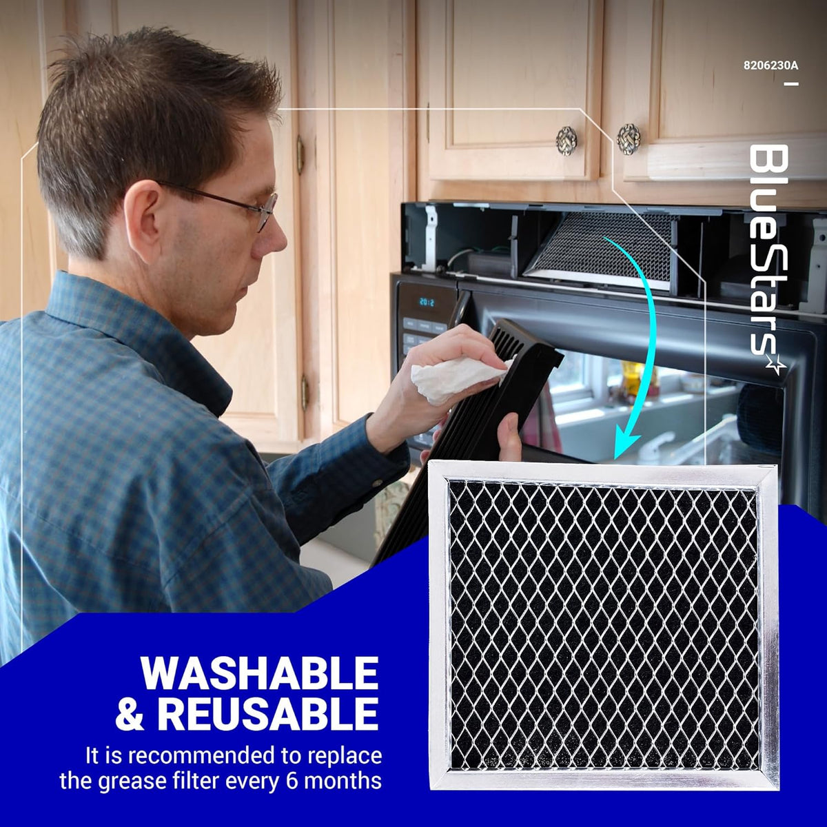 Man installing a replacement microwave grease filter in a kitchen setting.