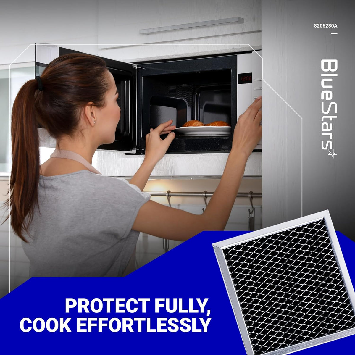 8206230A microwave charcoal filter replacement shown with a woman using a compatible Whirlpool or Maytag microwave.