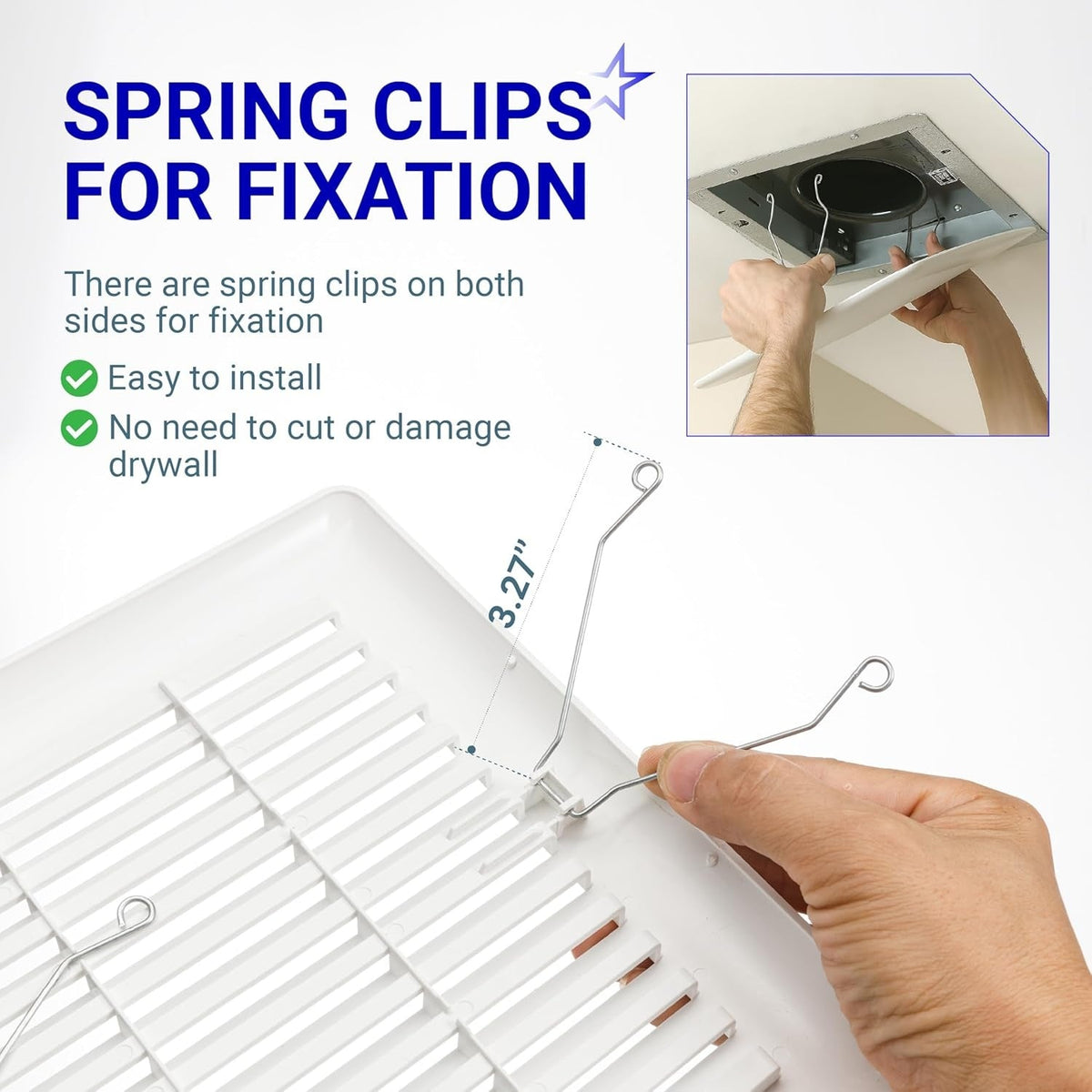 Close-up of bathroom ceiling fan grille showing spring clip installation and 3.27-inch measurement.