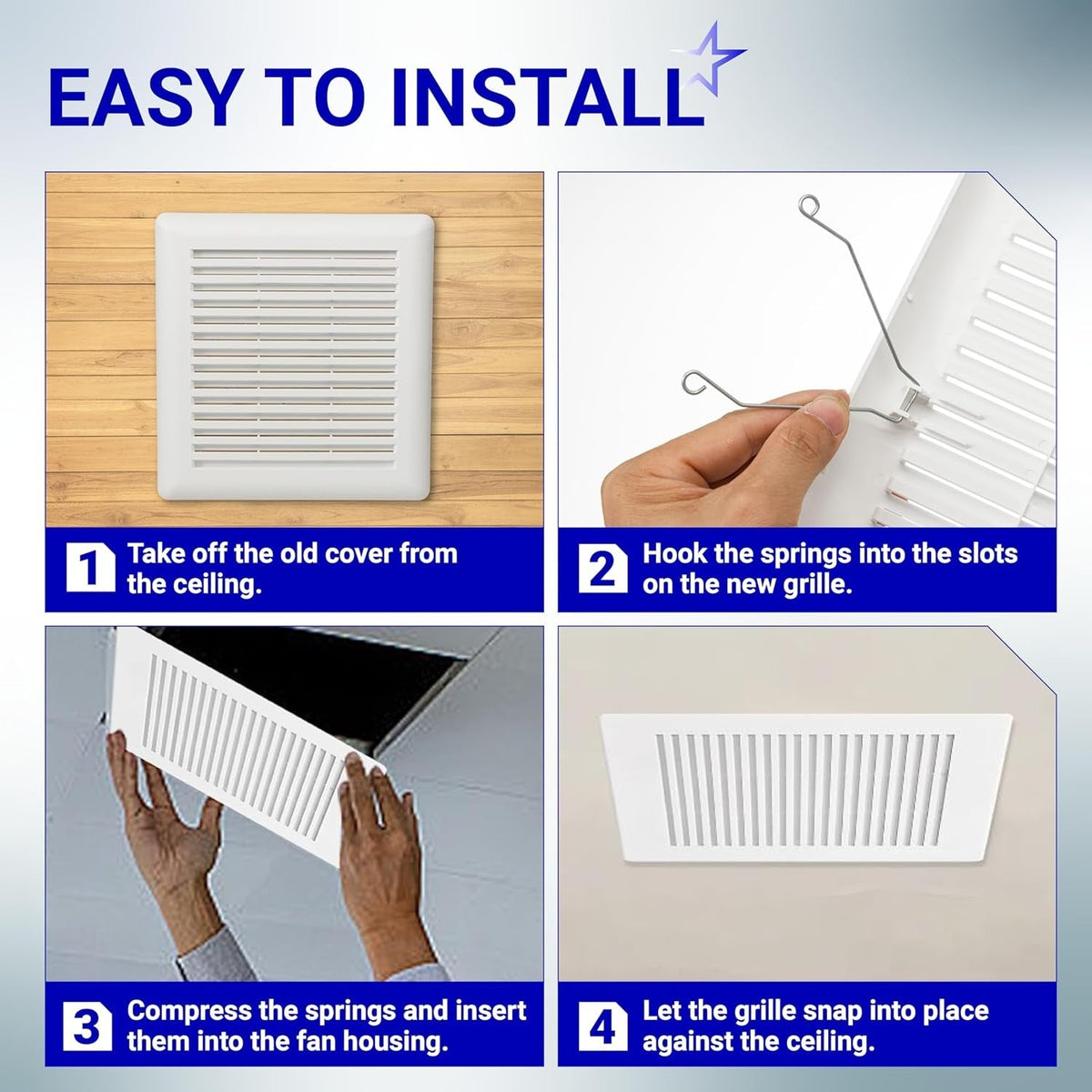 Four-step installation guide for C350GN bathroom ceiling fan grille showing spring attachment and ceiling mounting.