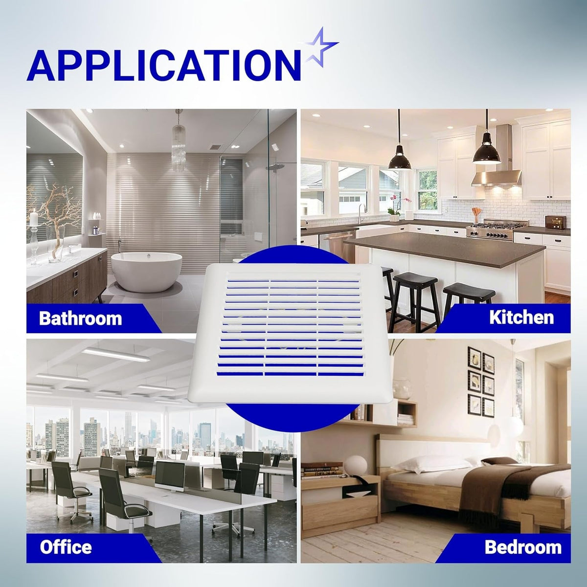 C350GN bathroom ceiling fan grille shown in a collage of residential and office application settings.
