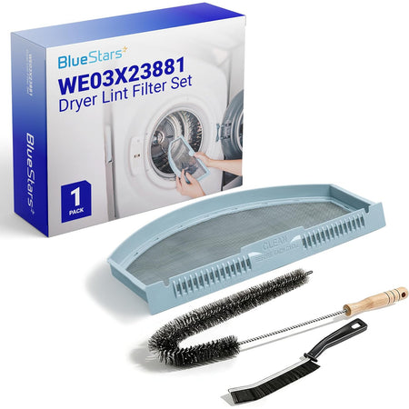 WE03X23881 Dryer Lint Filter Set, packaging with lint filter and two cleaning brushes