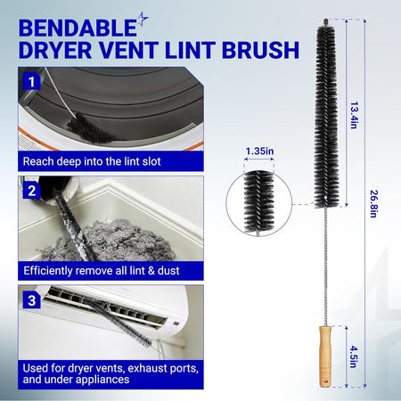 WE03X23881 Dryer Lint Filter Replacement, bendable vent brush with labeled dimensions and cleaning examples