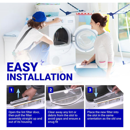 WE03X23881 Dryer lint filter, easy-installation graphic showing three steps for replacing a dryer filter