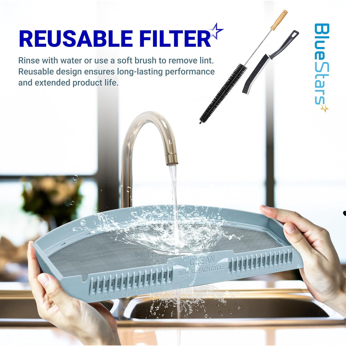 WE03X23881 dryer lint filter shown being rinsed under a faucet with cleaning brushes
