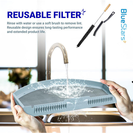 WE03X23881 dryer lint filter shown being rinsed under a faucet with cleaning brushes