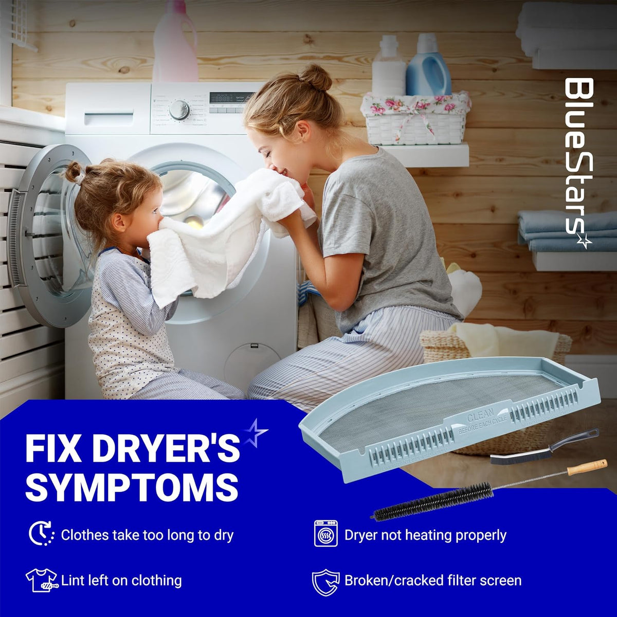 WE03X23881 dryer lint filter, product shown with family using a dryer and text listing dryer symptoms