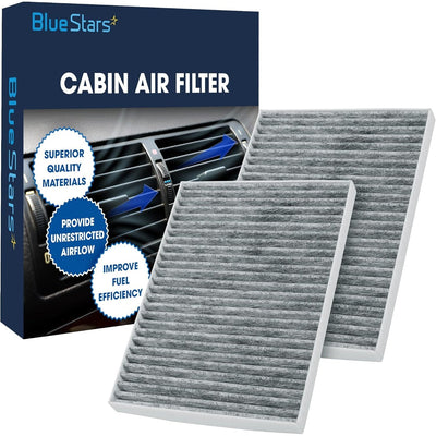 Two CF11663 activated carbon cabin air filters displayed in front of Blue Stars branded product packaging.