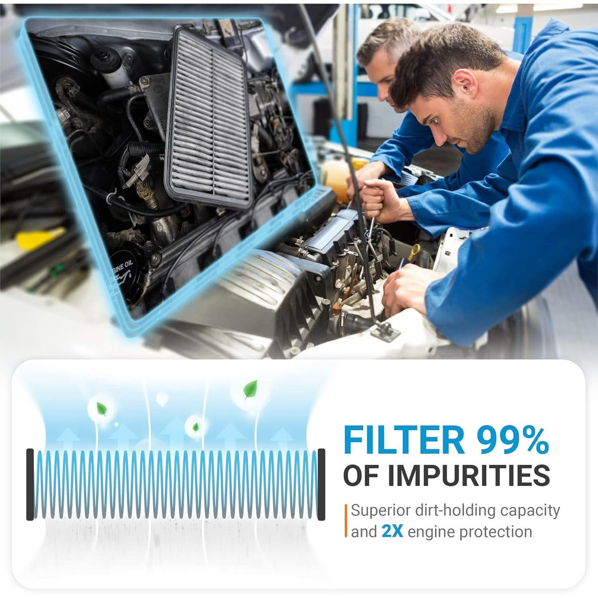 Mechanics installing a CF11663 activated carbon air filter to improve engine air filtration and impurity removal.