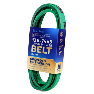 126-7443 green deck belt for Exmark Radius 52-inch mowers, packaged 5/8" x 163" replacement mower belt.