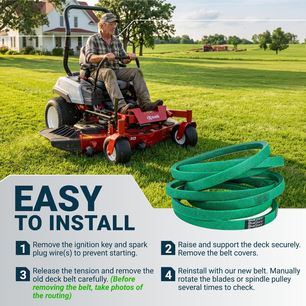Replacement green mower deck belt with easy installation instructions for Exmark zero-turn lawn mowers.