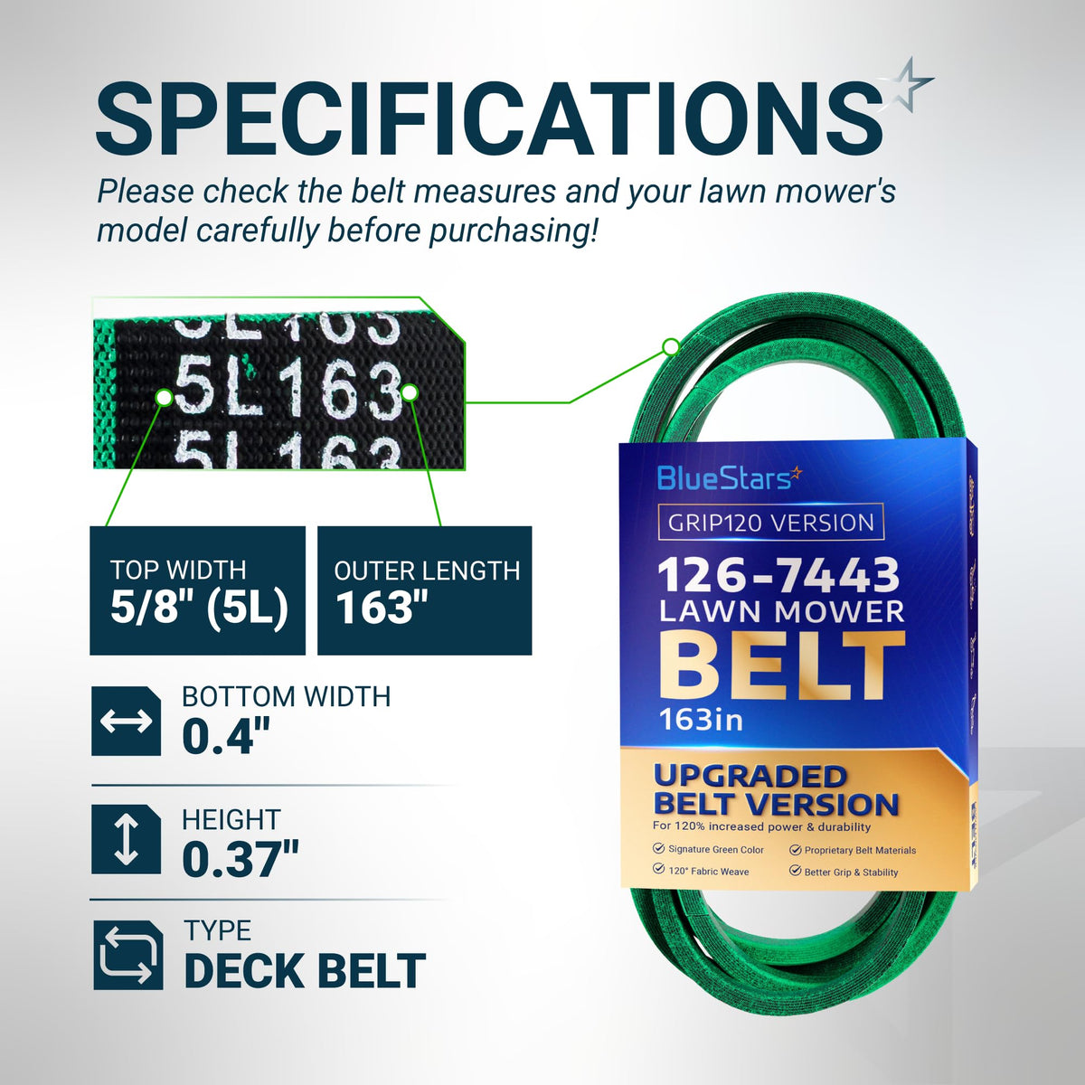BlueStars 126-7443 lawn mower deck belt specifications chart showing 5/8 inch width and 163 inch outer length.
