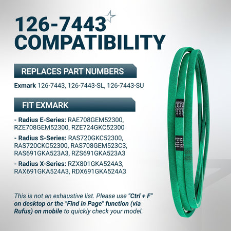 Green replacement mower deck belt for Exmark 126-7443 compatibility chart.