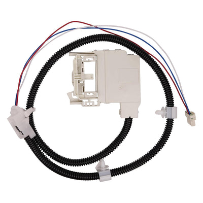 Replacement washer lid lock assembly with wiring harness for GE washing machines.