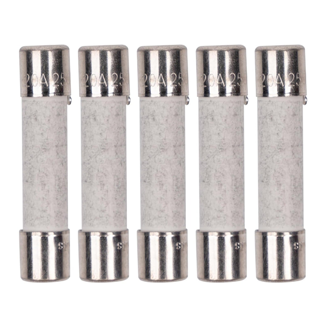 Pack of five 20A 250V ceramic slow-blow microwave replacement fuses.