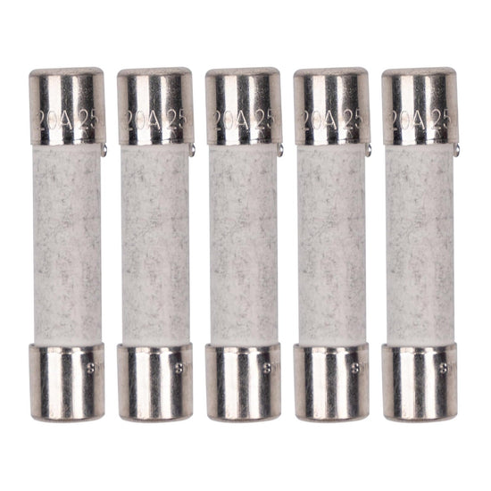 Pack of five 20A 250V ceramic slow-blow microwave replacement fuses.