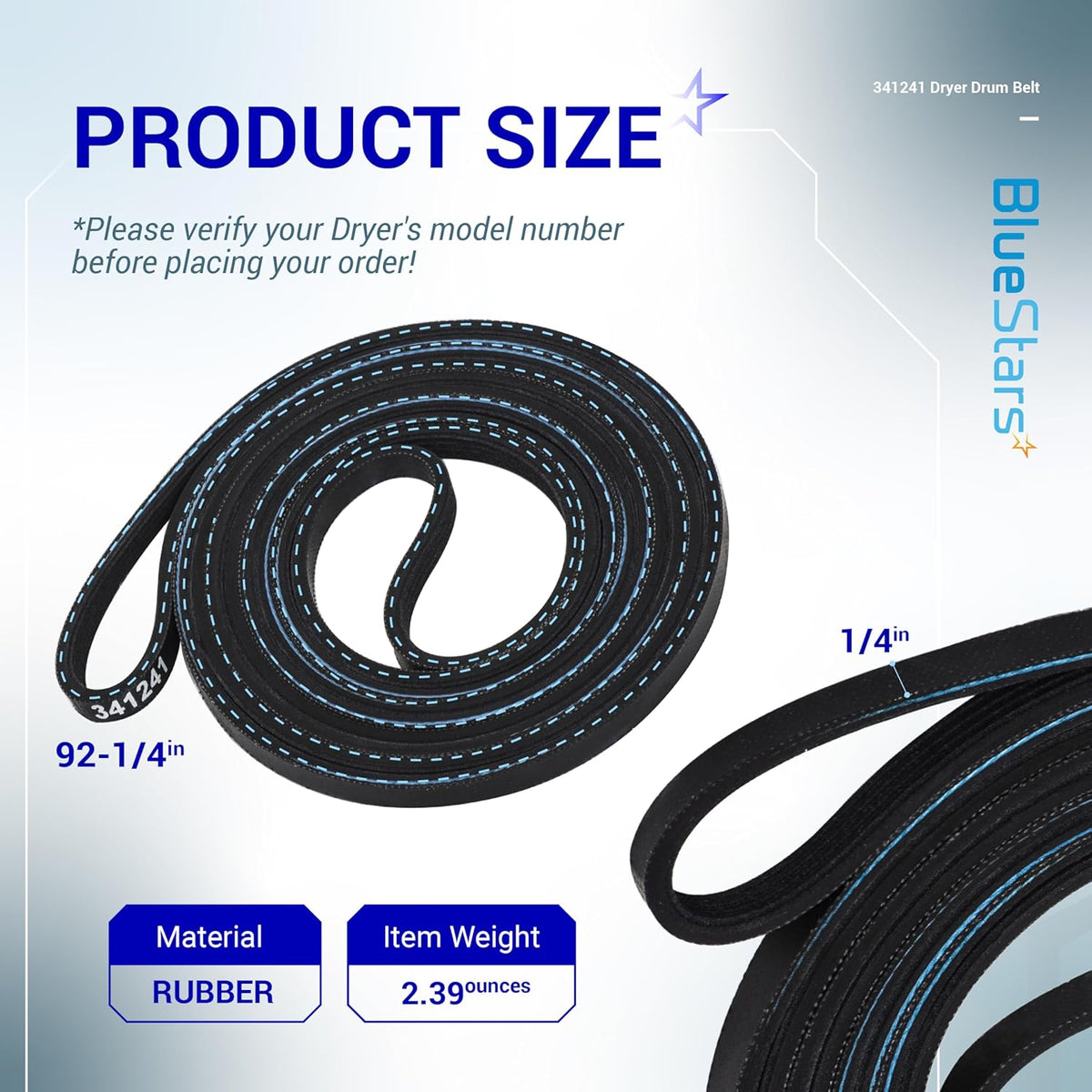 341241 dryer drum belt size specifications showing 92-1/4 inch length and 1/4 inch width.