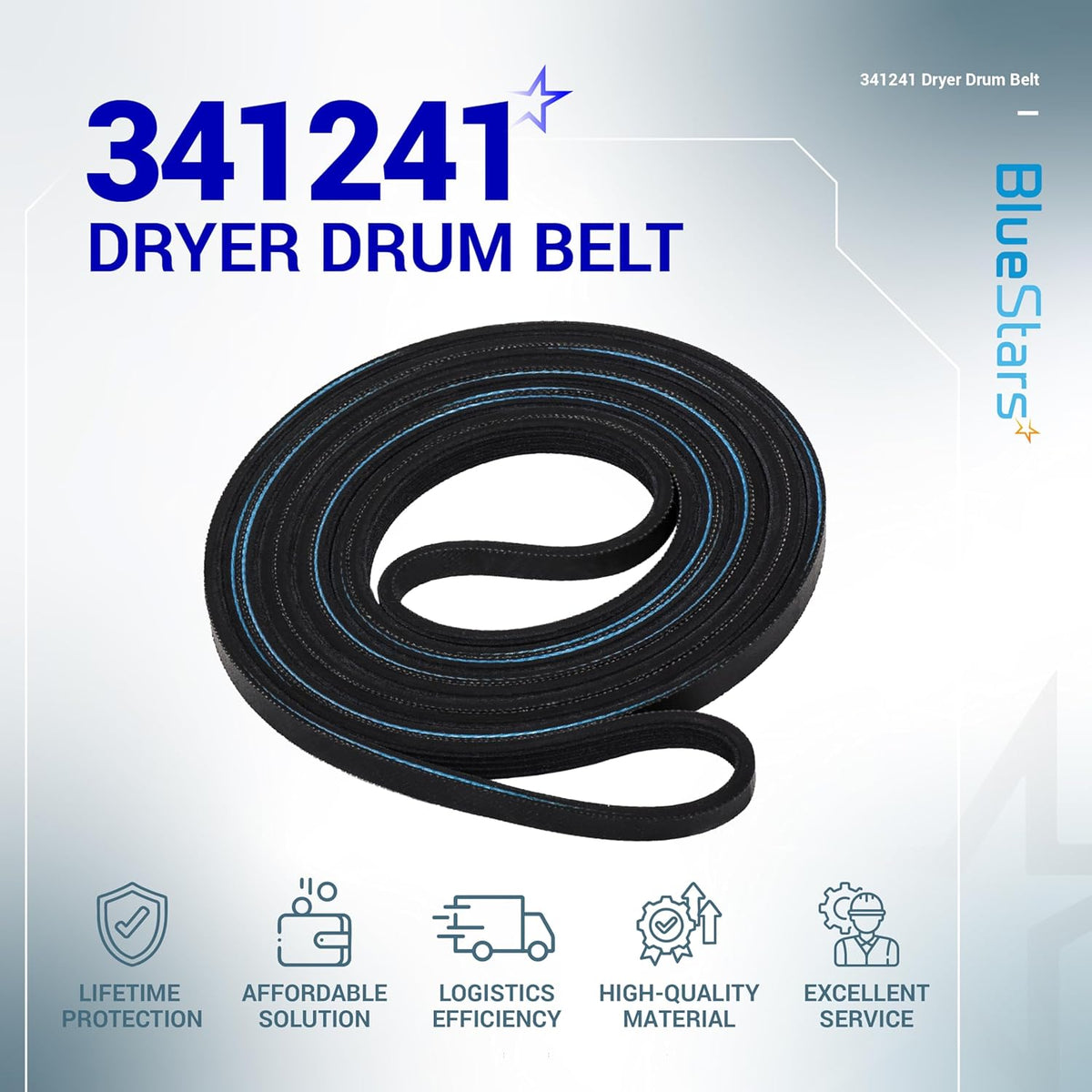 341241 replacement dryer drum belt for Whirlpool, Kenmore, and Amana dryers.