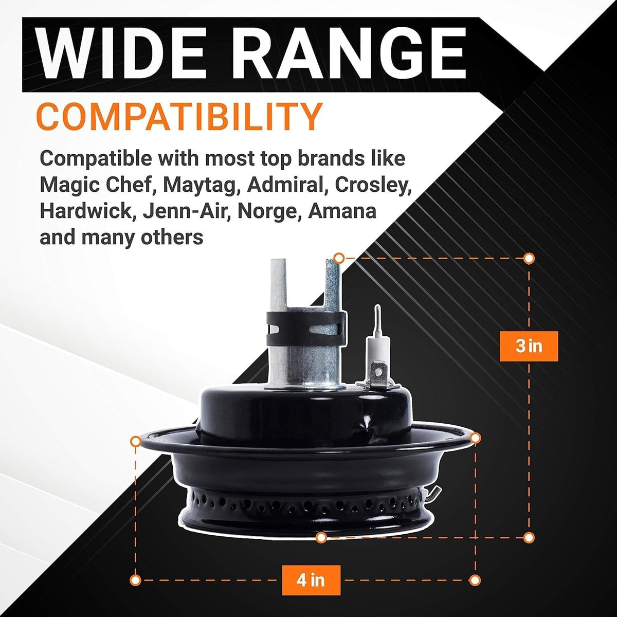 3412D024-09 gas range sealed burner head and igniter assembly with 3-inch by 4-inch dimension diagram.