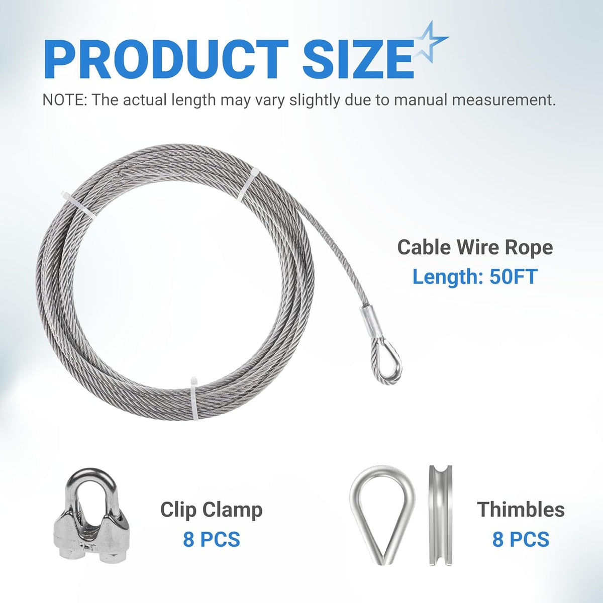 5/16 inch wire rope kit components including 50ft steel cable, 8 clip clamps, and 8 thimbles.