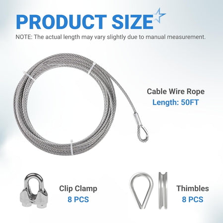 5/16 inch wire rope kit components including 50ft steel cable, 8 clip clamps, and 8 thimbles.