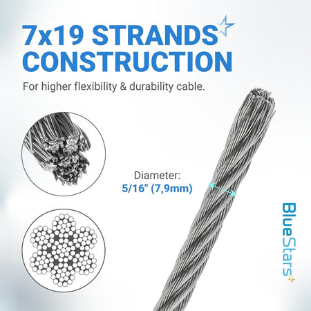 Close-up of 5/16 inch wire rope showing 7x19 strand construction for high flexibility and durability.