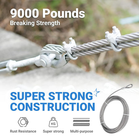 5/16 inch wire rope cable with thimble and clip clamp assembly showing 9000 lbs breaking strength and coil.