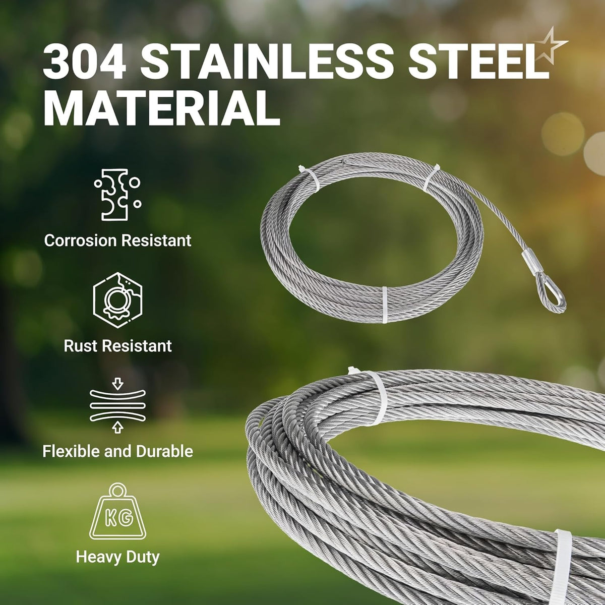 Coiled 5/16 inch 304 stainless steel wire rope with thimble, highlighting corrosion and rust resistance.