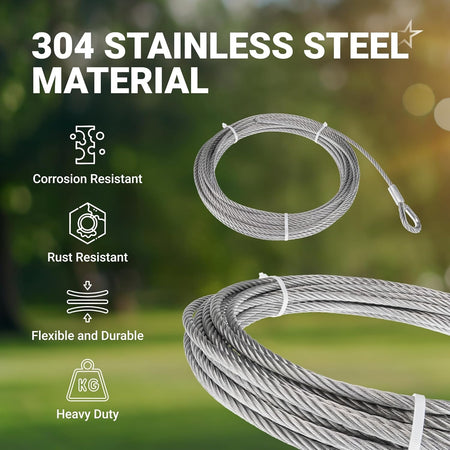 Coiled 5/16 inch 304 stainless steel wire rope with thimble, highlighting corrosion and rust resistance.