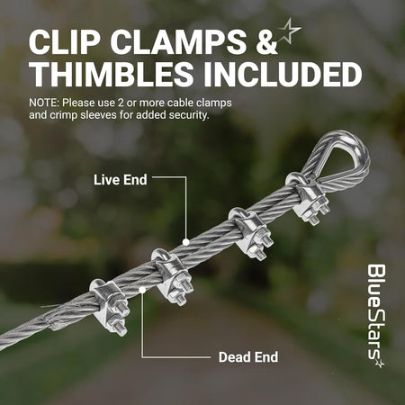 Diagram showing proper installation of 5/16 inch wire rope with thimble and cable clamps for secure rigging.
