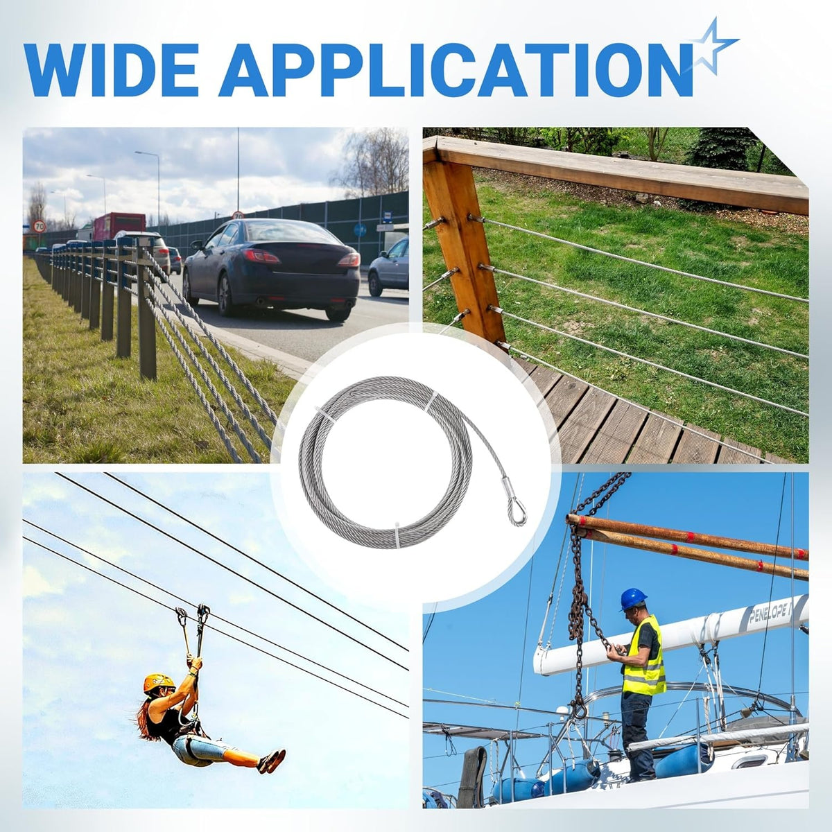 Collage showing 5/16 inch wire rope cable used for highway barriers, deck railings, zip lines, and boat rigging.