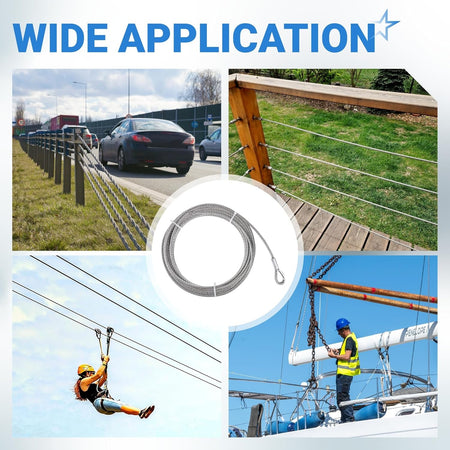 Collage showing 5/16 inch wire rope cable used for highway barriers, deck railings, zip lines, and boat rigging.
