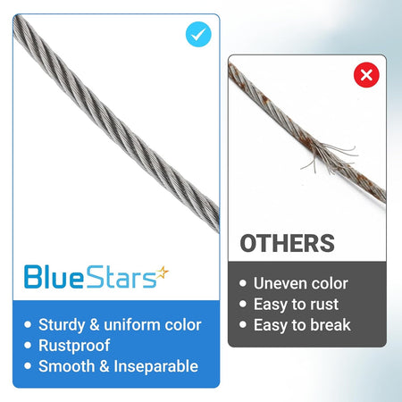 Comparison chart showing high-quality 5/16 inch braided steel wire rope versus a rusted, frayed cable.