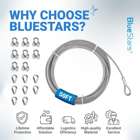 BlueStars 50ft wire rope kit with 8 clip clamps and 8 thimbles for heavy-duty rigging and outdoor use.