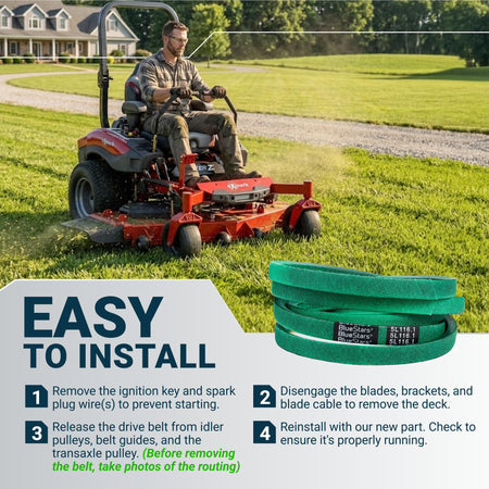 Green replacement drive belt for zero-turn lawn mower with installation instructions and diagram.